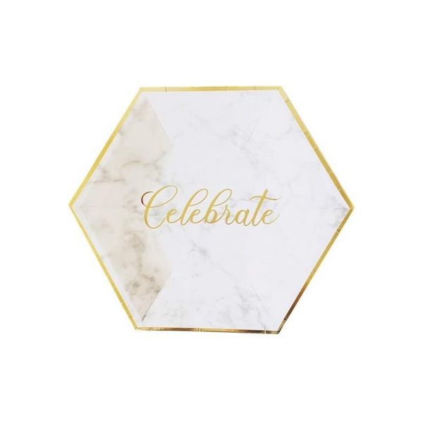 White Marble Pattern with Gold Stripe 8 Inch Paper Plates Set