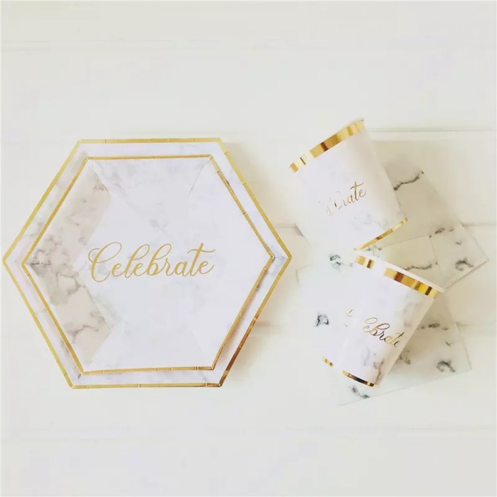 White Marble Pattern with Gold Stripe 8 Inch Paper Plates Set