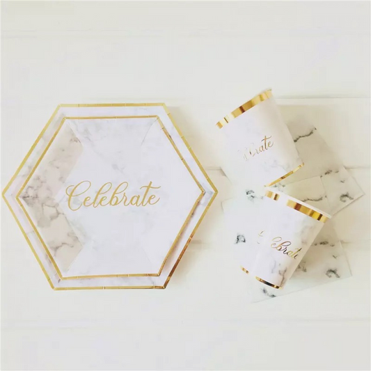 White Marble Pattern with Gold Stripe 8 Inch Paper Plates Set
