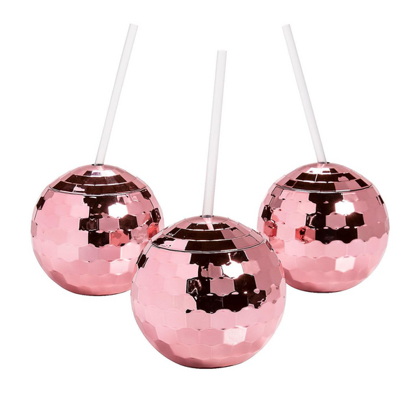 Shiny Pink Disco Ball Drinking Cup with Straw - 1pc