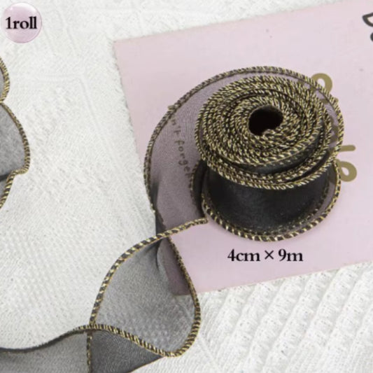 Black Organza Ribbon with Gold Trimming 4cm x 9 m