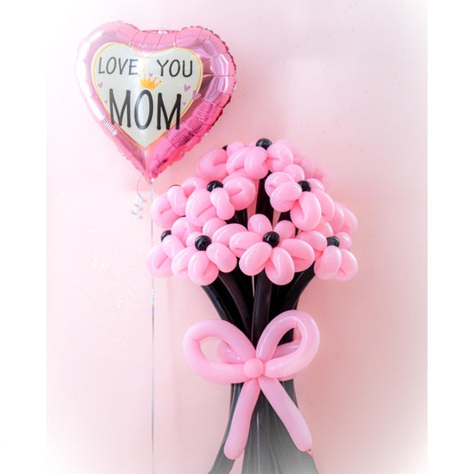 Mother's Day Love you Mom Black and Pink Balloon Flower arrangement