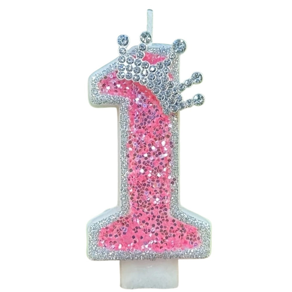 1pc Pink Glittery Crowned Number Candles (Choose from 0-9)