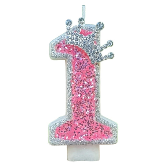 Pink Glittery Crowned Number Candles