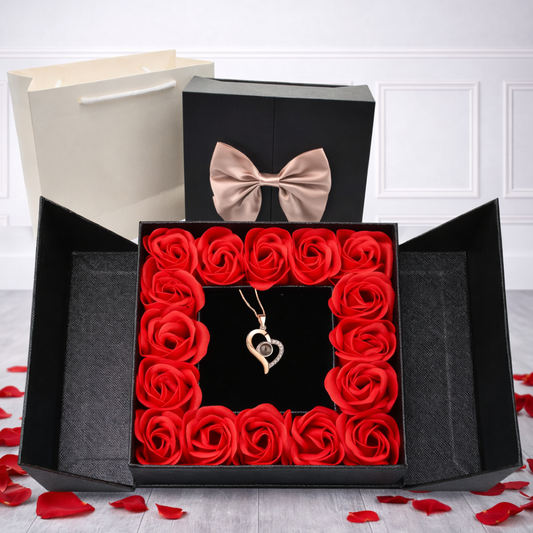 Elegant Preserved Red Rose Gift Box with Necklace - Black