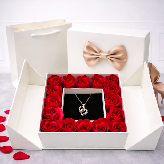 Elegant Preserved Red Rose Gift Box with Necklace - White