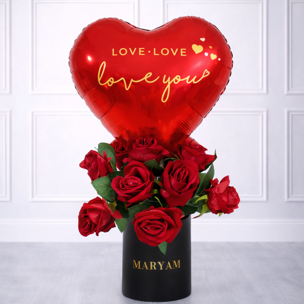 Love You  Balloon Arrangment with Customized Name - preserved flowers