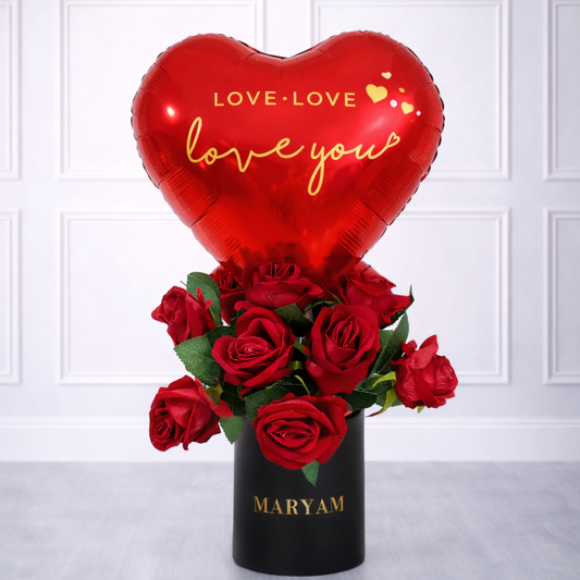 Love You  Balloon Arrangment with Customized Name - preserved flowers