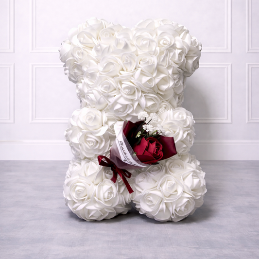 A Preserved White Flower Teddy Bear with flower bouquet - 23 CM
