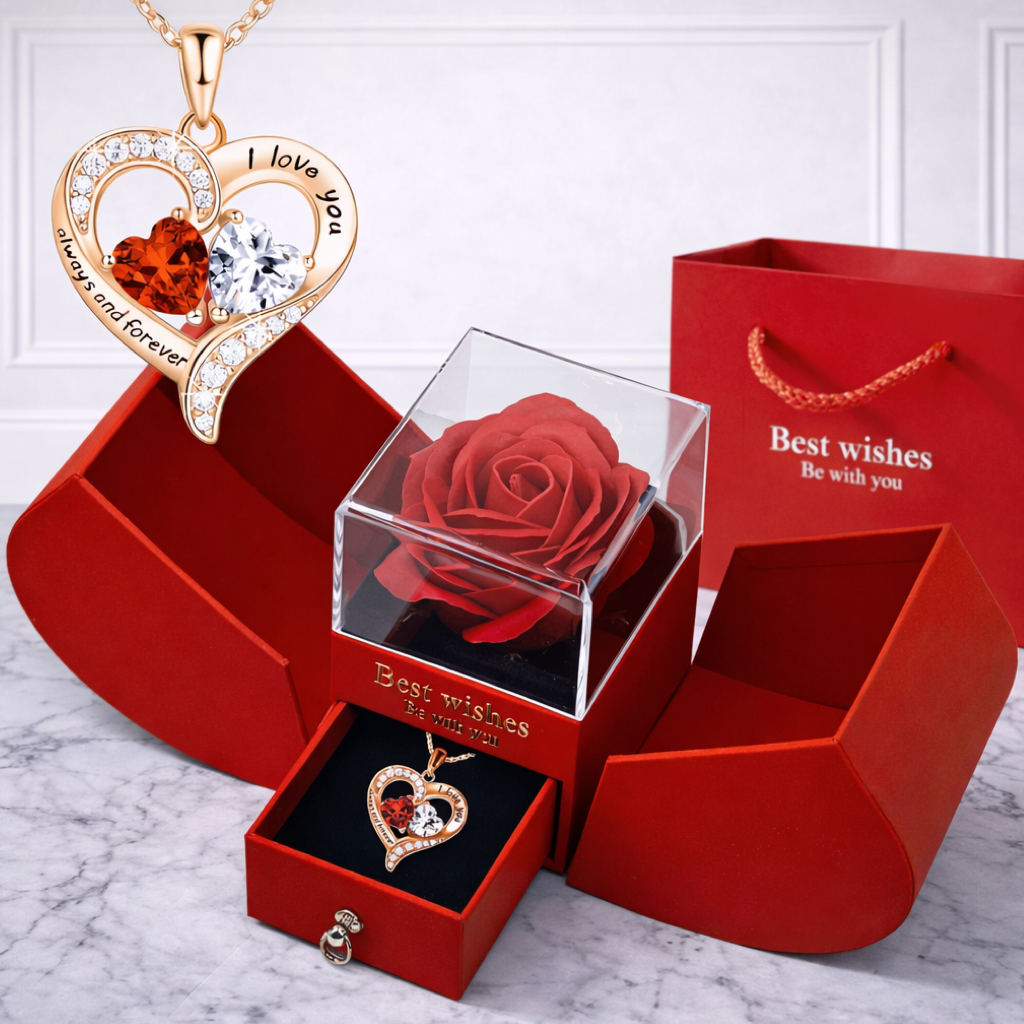 Elegant Red Gift Box with Necklace and preserved Flower