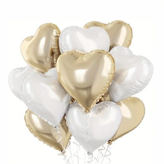 Gold and White Heart Foil Balloon Helium Bouquet - 10 Pcs