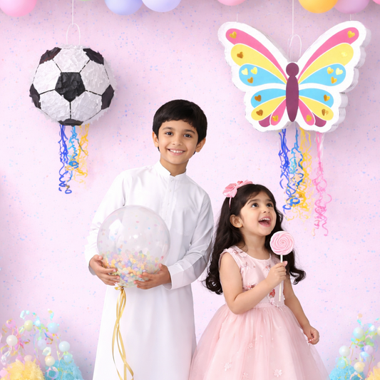 Eid Soccer & Butterfly pinatas filled with candy and Bunch of Helium Balloons