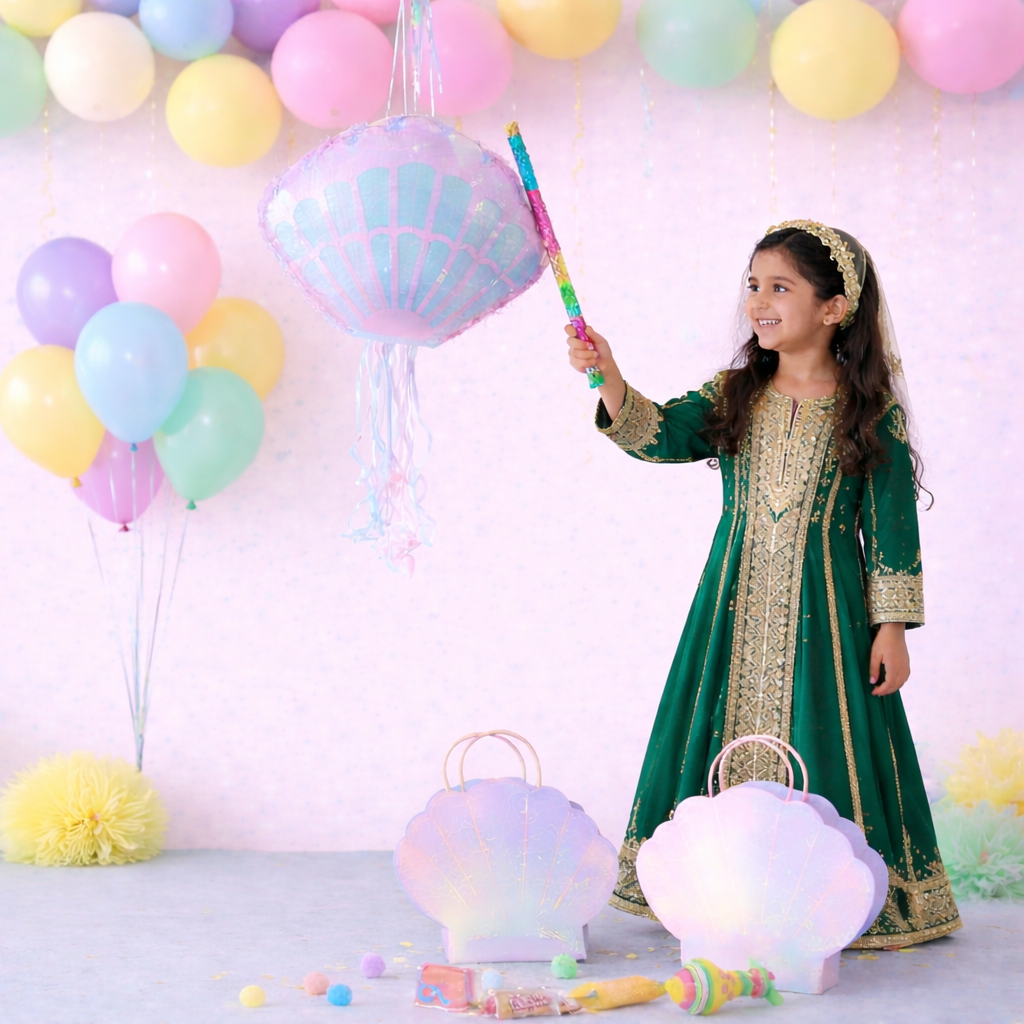 Eid Mermaid Pinatas , Helium Balloons and 3 Shell bags with candy and toys
