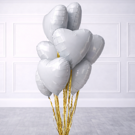 White Heart Helium Balloon Bouquet - 10 Pcs