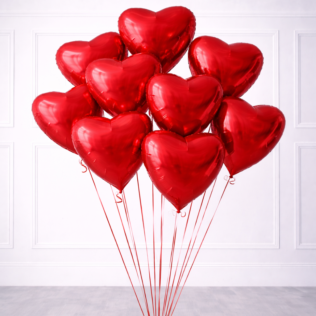 Heart Shaped Red Helium Foil Balloon Bouquet - 10 Pcs