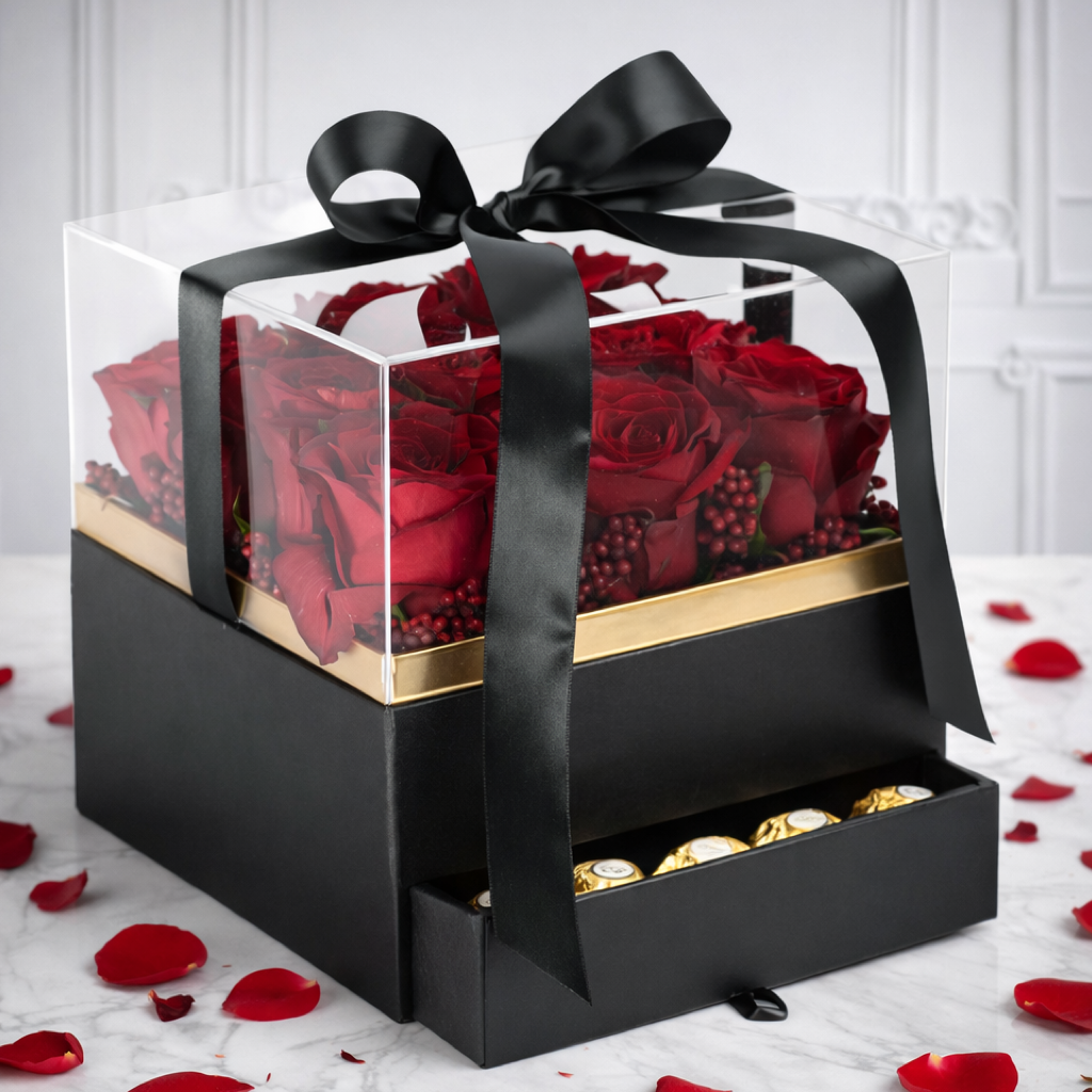 Artifical Flower Gift Box with Ferrero Chocolate Drawer