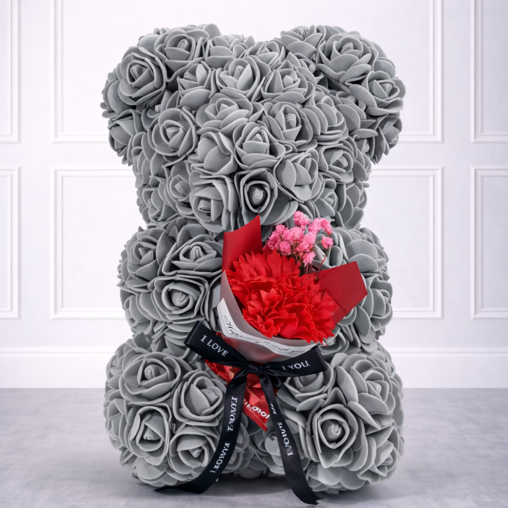 A Preserved Flower Teddy Bear with flower bouquet - 23 CM