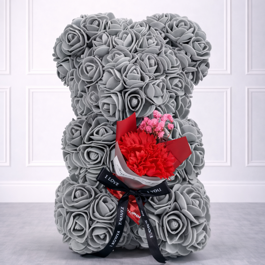 A Preserved Flower Teddy Bear with flower bouquet - 23 CM