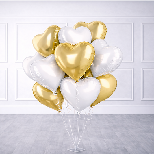 Gold and White Heart Foil Balloon Helium Bouquet - 10 Pcs