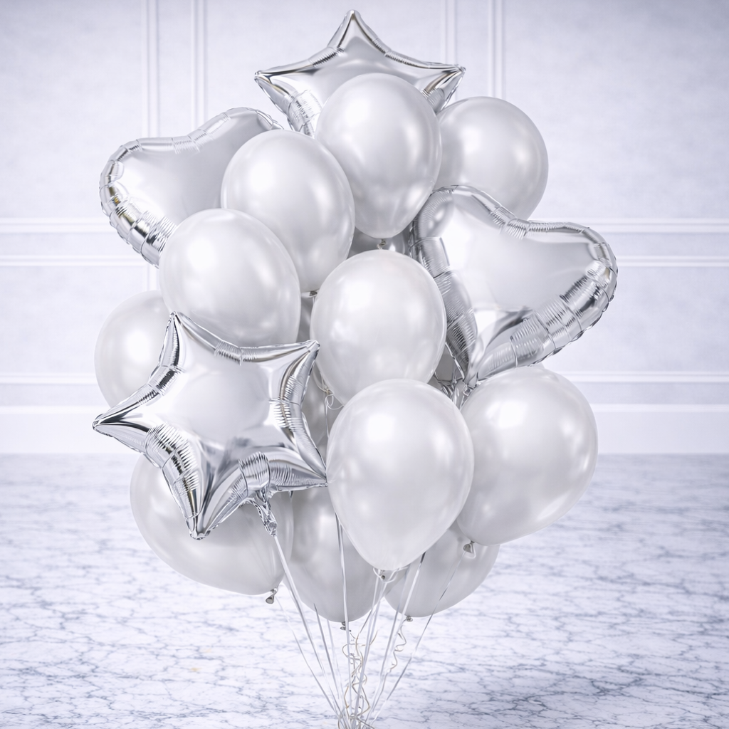 Silver Bouquet Heart & Star Balloons Helium