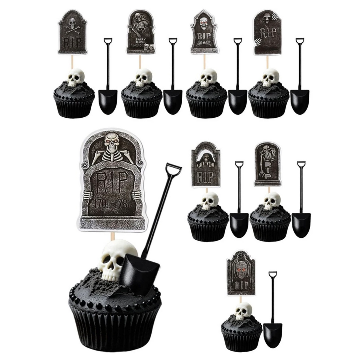 Spooky Tombstone & Skeleton Cupcake Toppers (8 Cupcake picks + 8 Spoons)