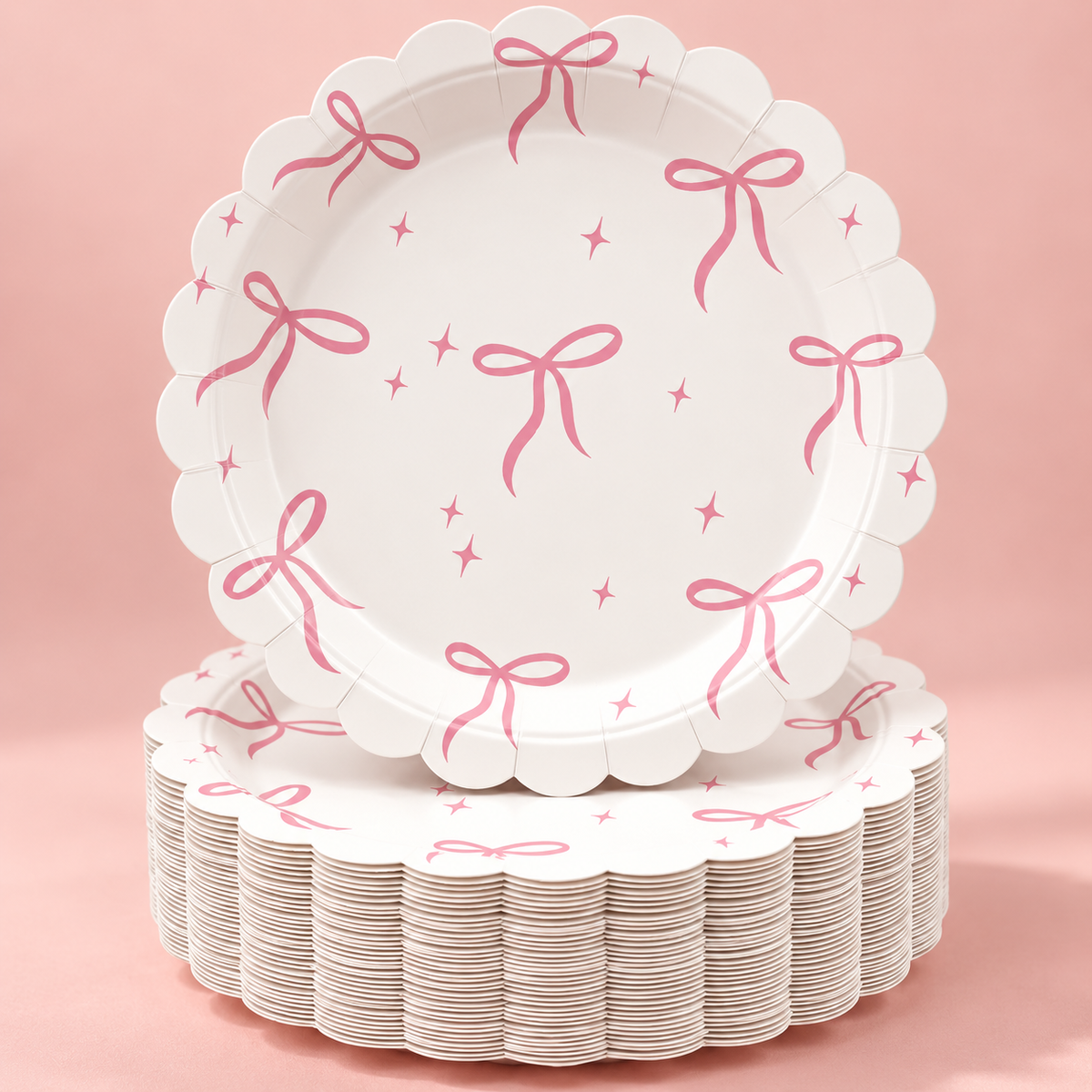 White 7 Inch Paper Plate with Pink Small Bows - 20 Pcs