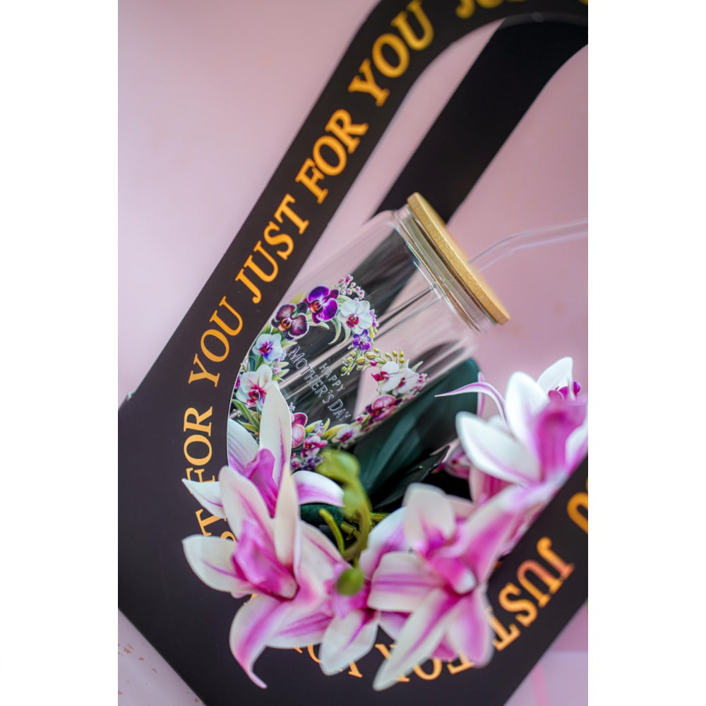 Happy Mother's Day Artificial Flower Basket with Glass Tubmler