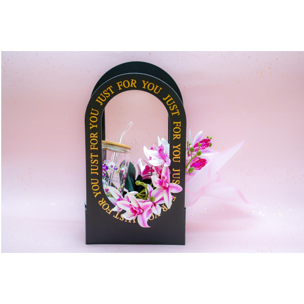 Happy Mother's Day Artificial Flower Basket with Glass Tubmler