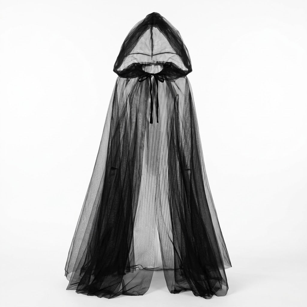 Sheer Black Tulle Hooded Cape