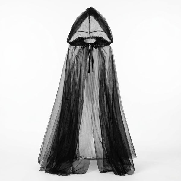 Sheer Black Tulle Hooded Cape