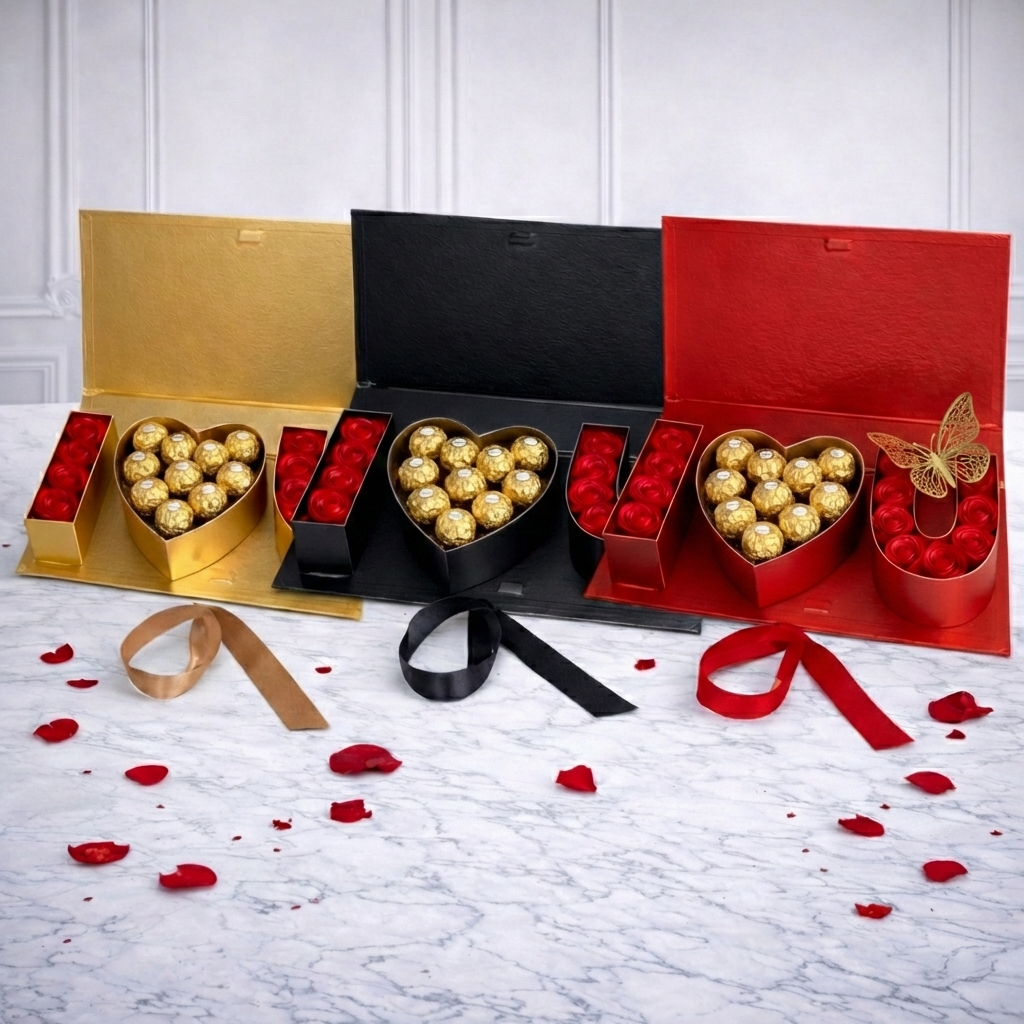 I Love you Flower Box with preserved flowers  and Ferrero chocolate - 1 Pc (Random Color)