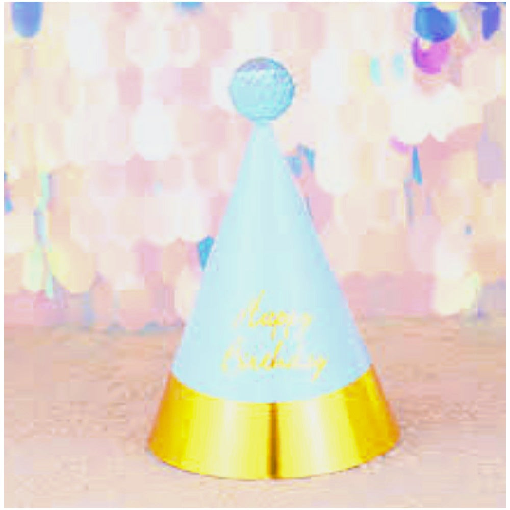 Happy Birthday  Blue Cone Hat with Shiny Golden Edges and Sequence Pom Pom - 6 Pcs