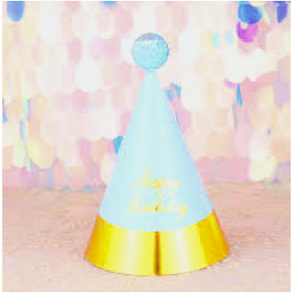 Happy Birthday  Blue Cone Hat with Shiny Golden Edges and Sequence Pom Pom - 6 Pcs
