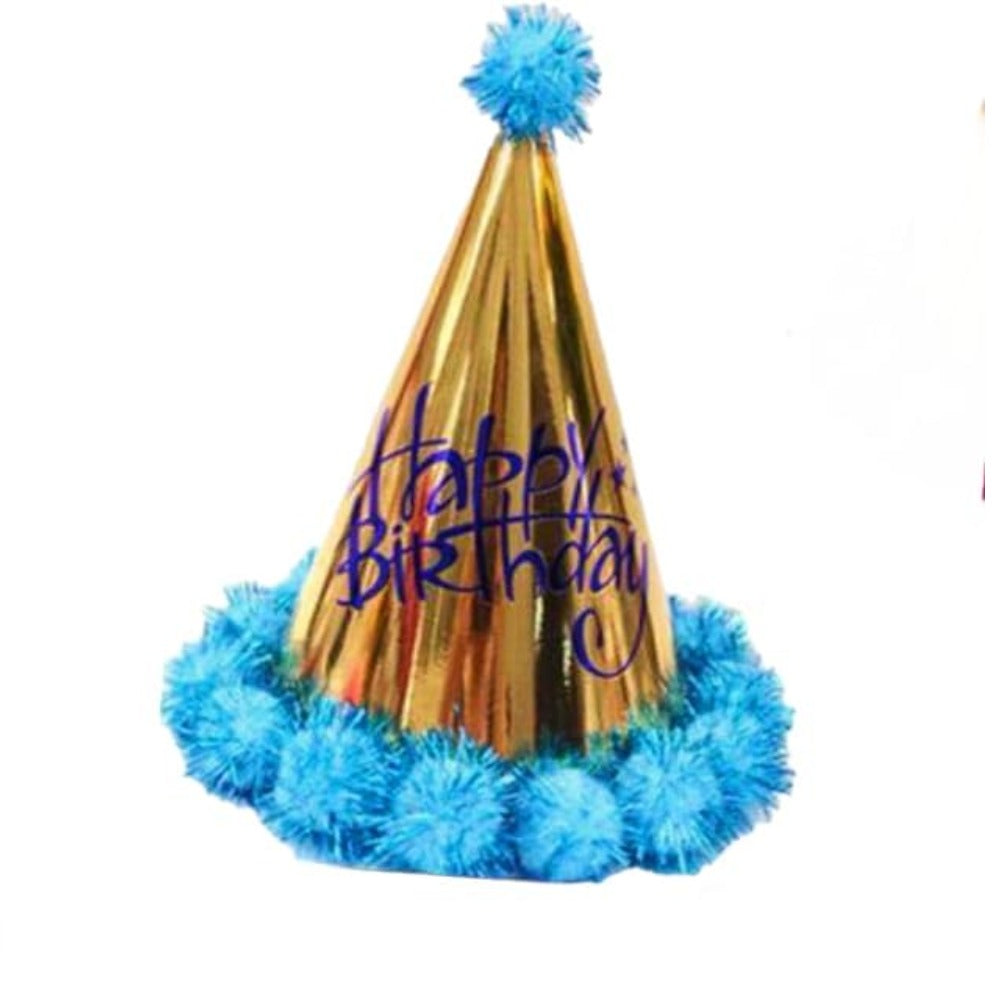 Shiny Blue Golden Happy Birthday Cone Hat- 6 Pcs h 20*d16cm