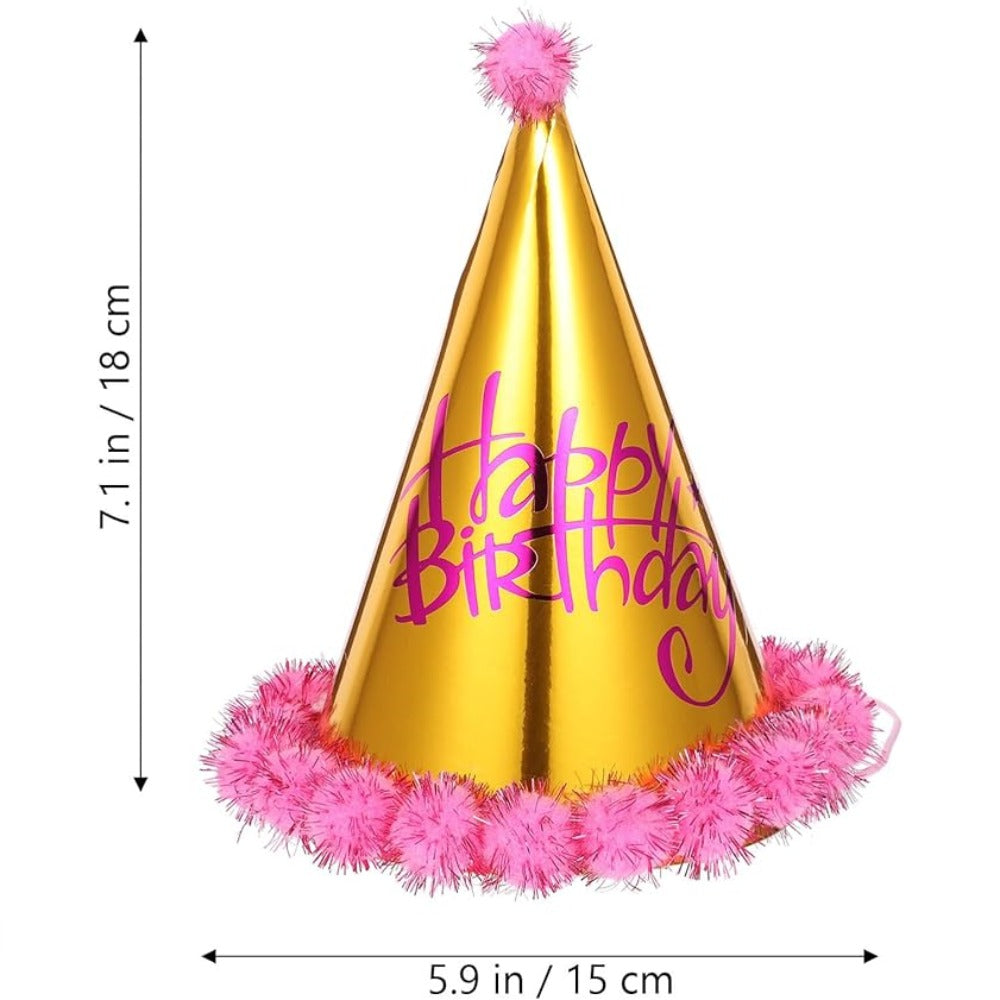 Shiny Pink Golden Happy Birthday Cone Hat- 6 Pcs h 20*d16cm