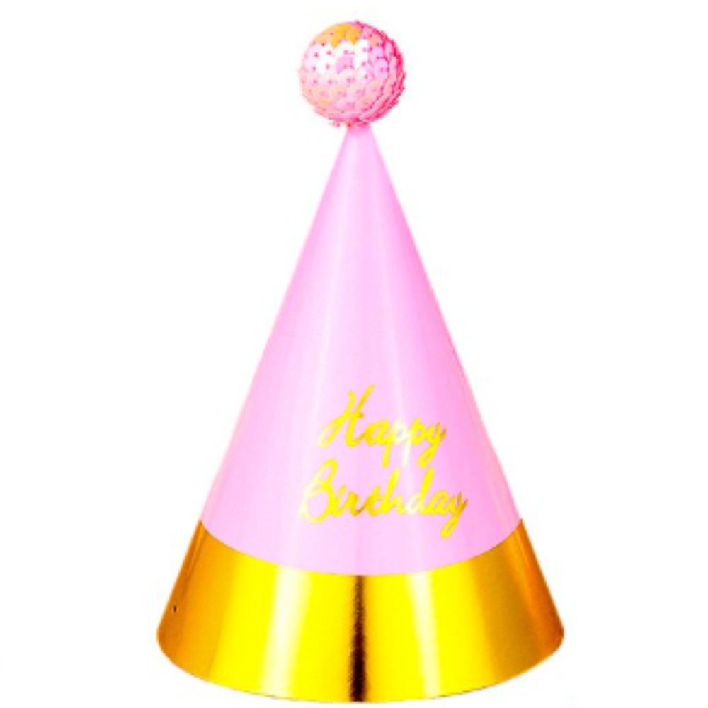 Happy Birthday Cone Hat with Shiny Golden Edges and Sequence Pom Pom - 6 Pcs