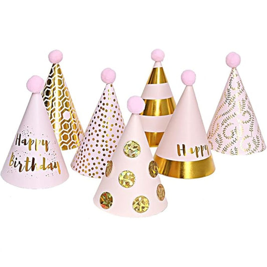 Happy Birthday Pink and Golden Cone Hat- 6 Pcs DIY