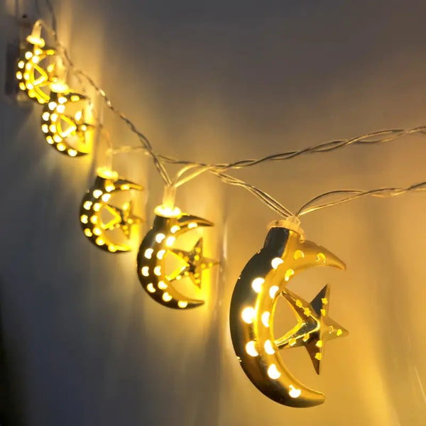 Eid 1.65 m Crescent Moons and stars Hanging Decoration lights - 10 Lights