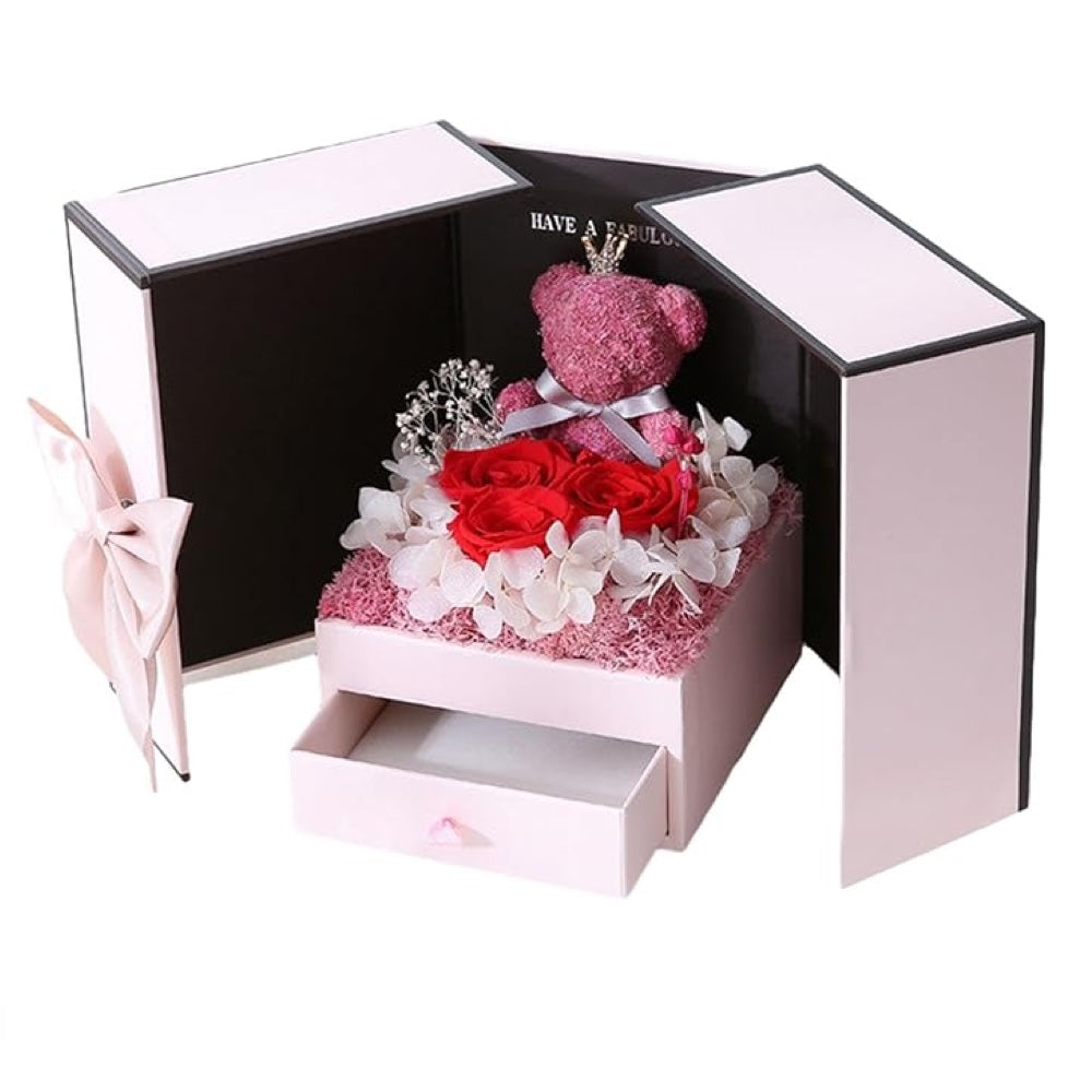 Pink Eternal Roses Bear and Heart Gift Box