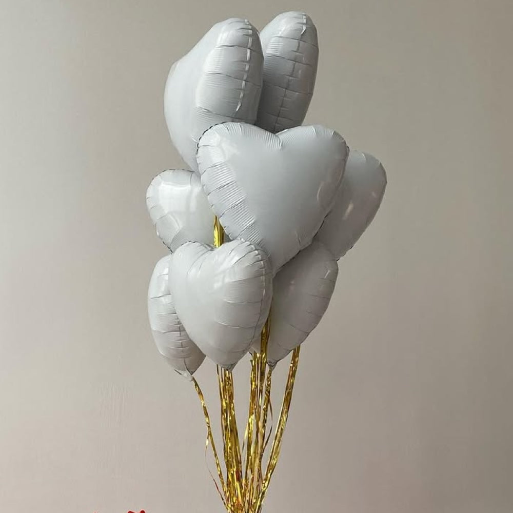 White Heart Helium Balloon Bouquet - 10 Pcs