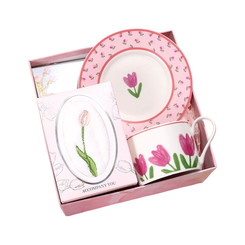 Pink Women Tulips Tea Set Gift Box