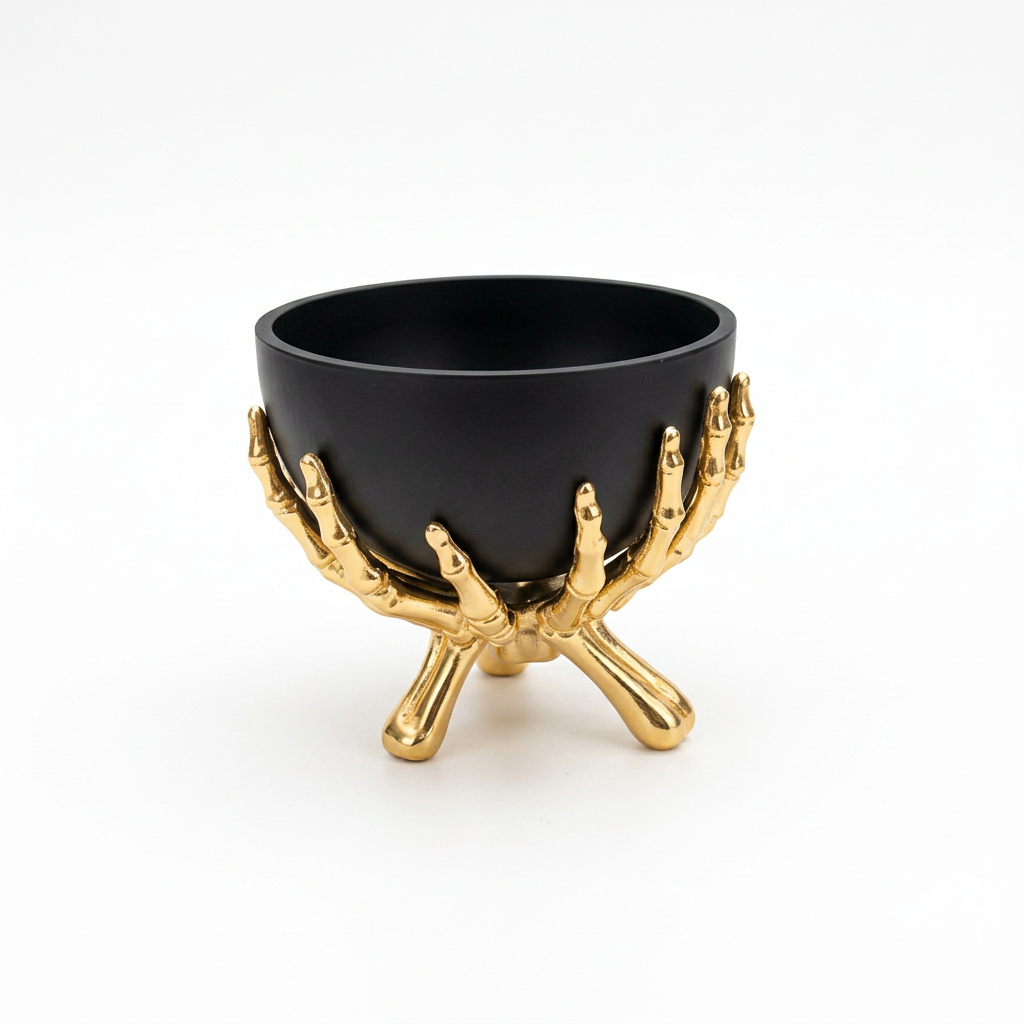 Black candy bowl with gold skeletal stand on a white background