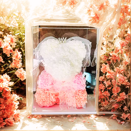 White, Rose and Pastel Teddy Bear 40cm with Box and Light