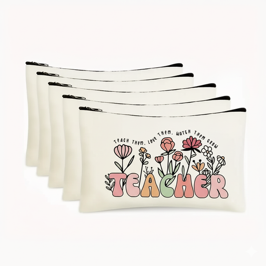 Teacher-Themed Floral Design Zippered Make up and Toiletry Bag 1 Pc